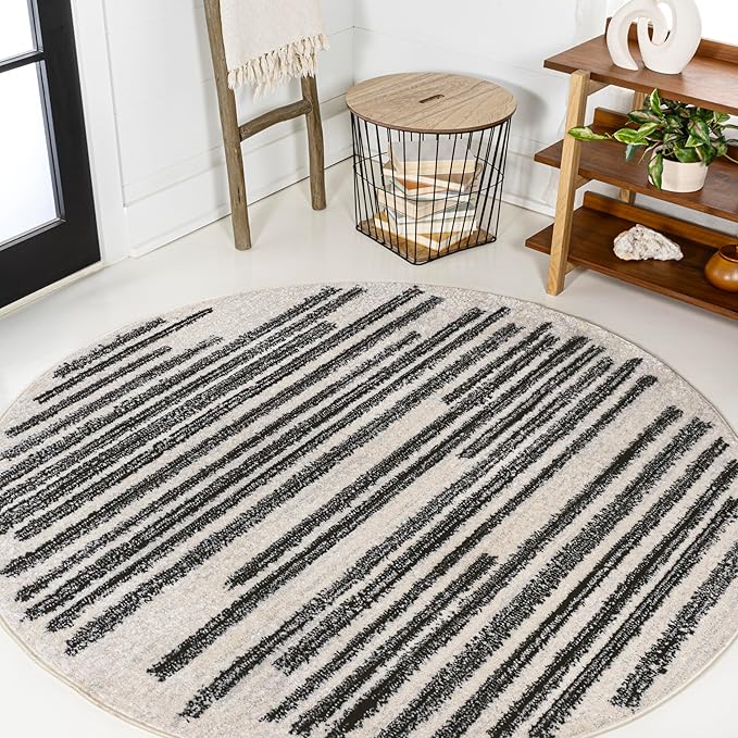 JONATHAN Y Khalil Modern Berber Stripe Cream/Black 6' Round Indoor Area Rug by JONATHANY
