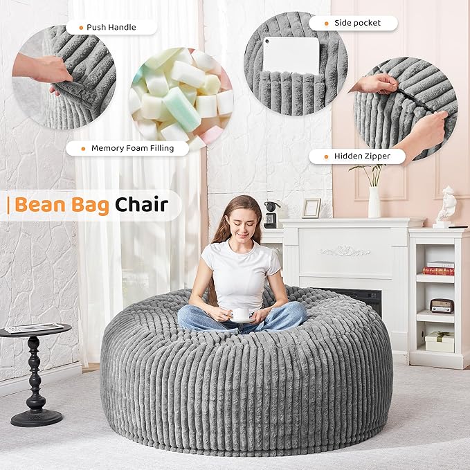 HABUTWAY 3FT Bean Bag Chair, Memory Foam Beanbag Chair - Image 3