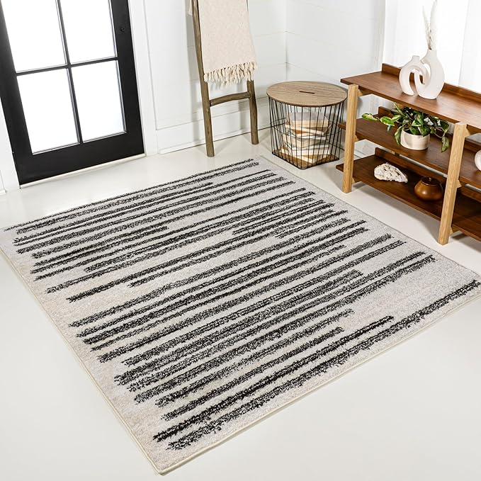 JONATHAN Y Khalil Modern Berber Stripe Cream/Black 4x4 Square Indoor Area Rug by JONATHANY