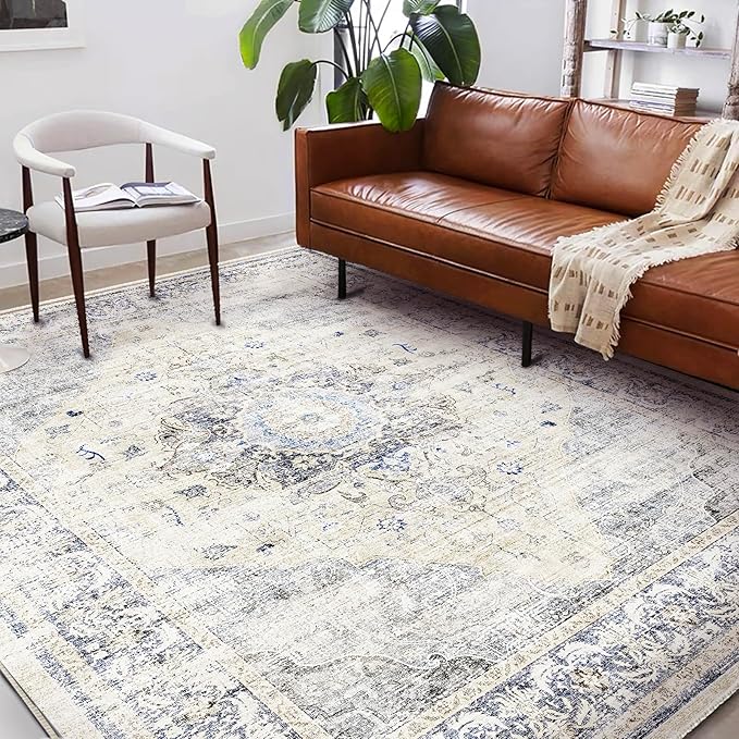 Area Rug 6'x9' Washable Floral Blue Vintage Traditional Floor Cover Thin Retro - Image 2