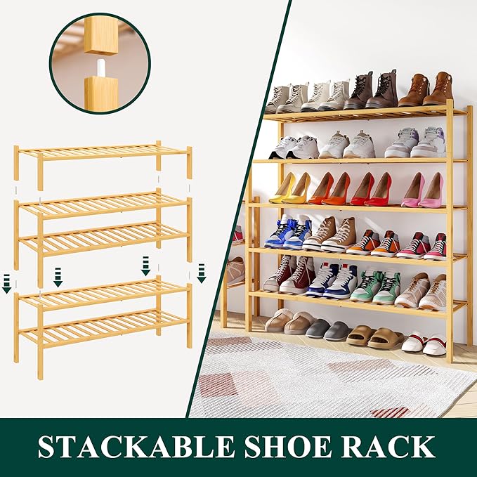 Smiry Shoe Rack, 3 Tier Long Bamboo Shoe Organizer, Stackable Free Standing - Image 4