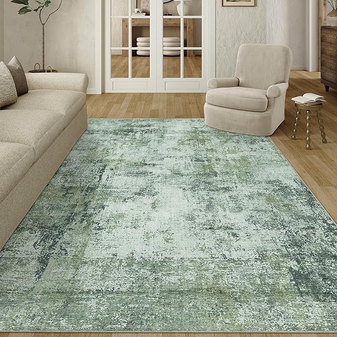 5x7 Washable Area Rug Dark Green Modern Neutral Abstract Living Room Bedroom - Image 3