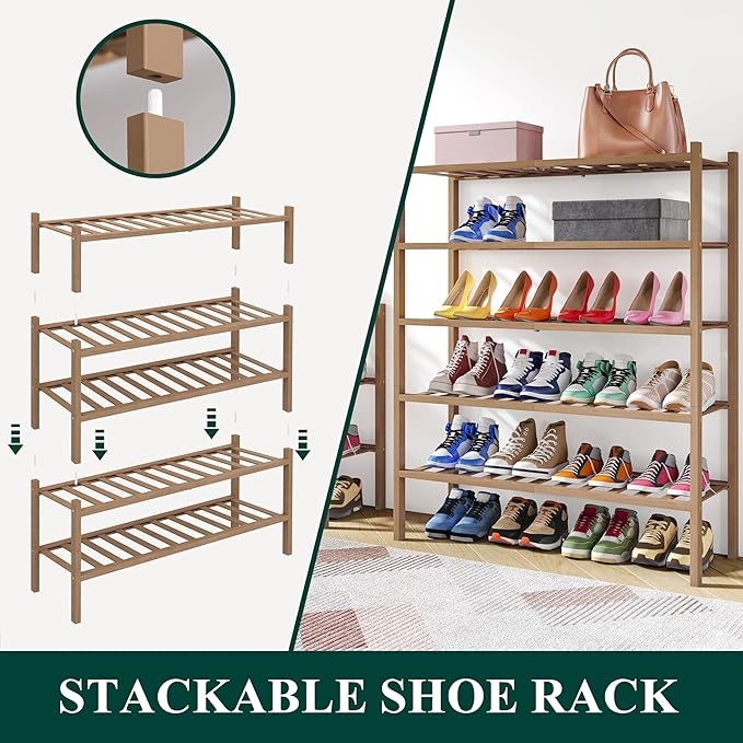Smiry Shoe Rack, 2 Tier Thick Bamboo Shoe Organizer, Stackable Free Standing - Image 4