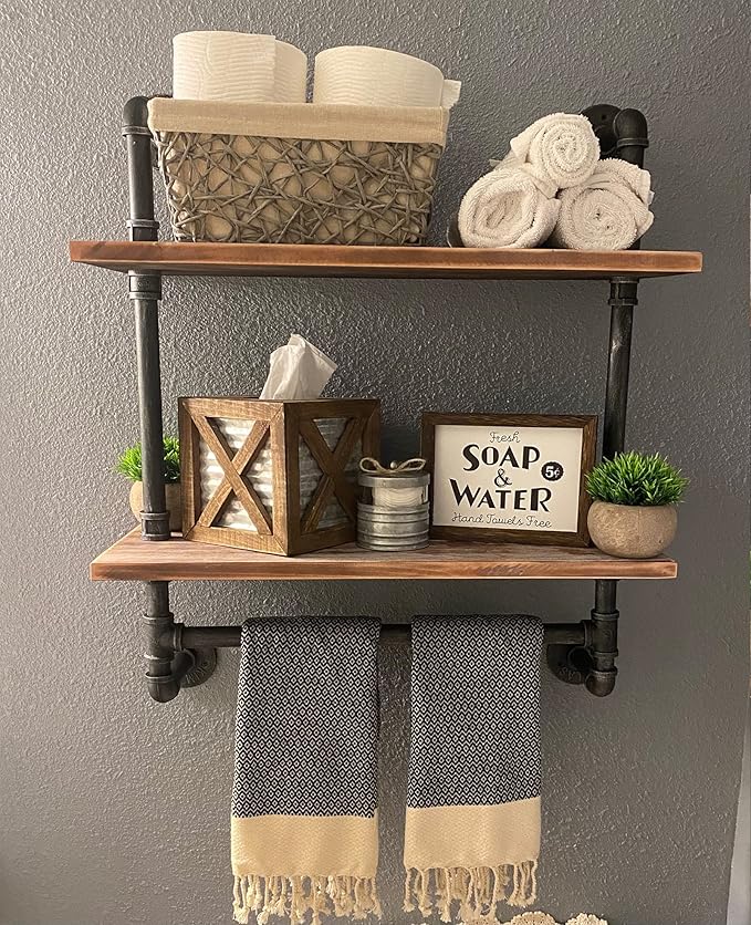 SSS Furniture Industrial Pipe Shelf Bathroom Shelves Wall Mounted, 2 Tier by SSSFurniture