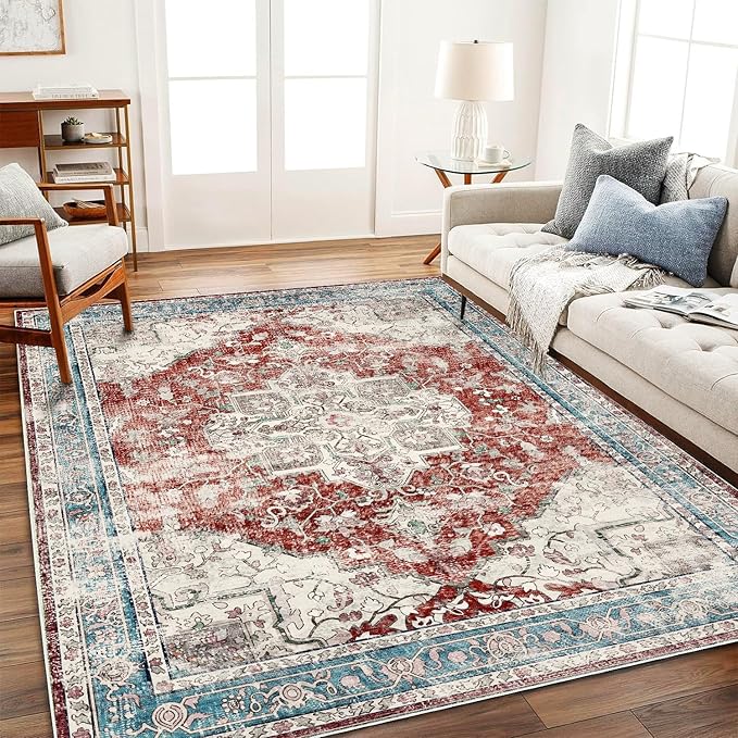 Washable Area Rug 10'x14' Red Blue Retro Flowers Boho Design Non-Shedding Easy by CHAMPLANT