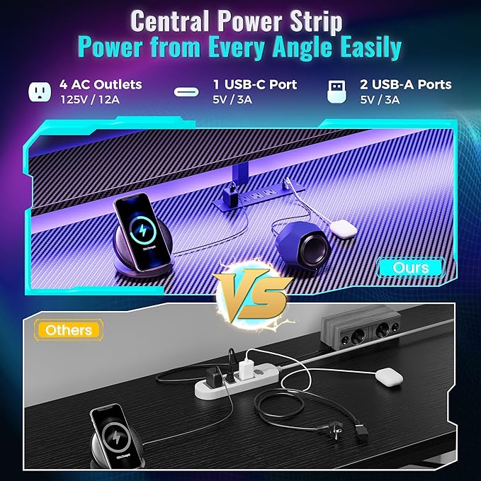 PRAISUN 61.7" Gaming Desk with LED Lights & Outlets, Computer Desk with 3 - Image 4