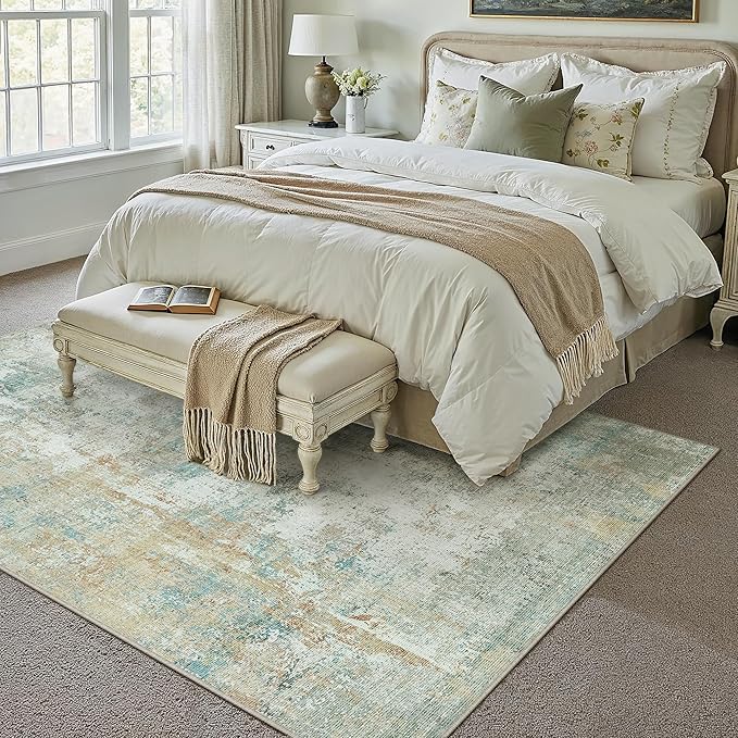 6x9 Washable Area Rug Teal Beige Modern Neutral Abstract Living Room Bedroom by WondRg