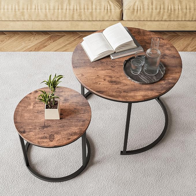 Round Coffee Table Set of 2 for Living Room, Nesting Tables Metal Frame/Wood by HOJINLINERO