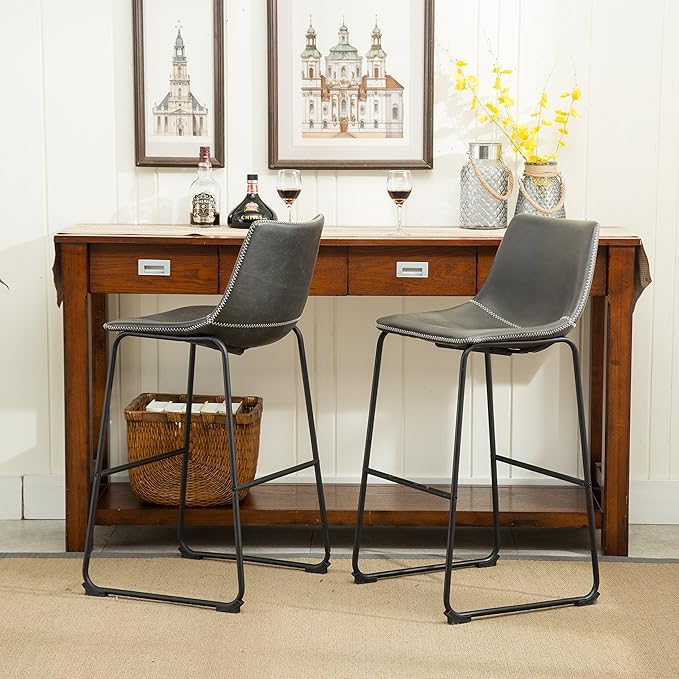 Roundhill Furniture Lotusville Vintage PU Leather Bar Stools, Antique Gray - Image 3