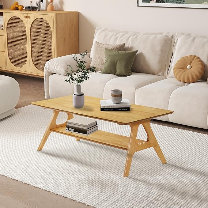 Roundhill Furniture Arona Mid-Century Modern Wood Shelf Coffee Table, Natural - Image 3