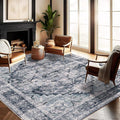 Washable Area Rug 9'x12' Dark Blue Retro Flowers Boho Design Non-Shedding Easy by CHAMPLANT