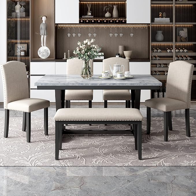 6 Pieces Dining Table Set with 60" Rectangle Marbled Veneers Tabletop Kitchen - Image 3