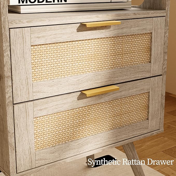 Rattan Nightstand with Charging Station, Farmhouse Bedside Table with 2 Storage - Image 6