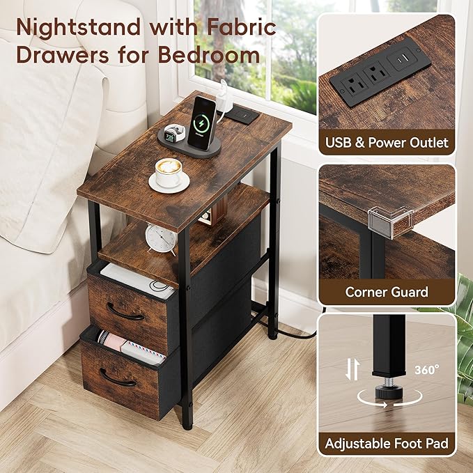 Vagusicc Nightstand with Charging Station and LED Lights, Narrow Side Table - Image 6