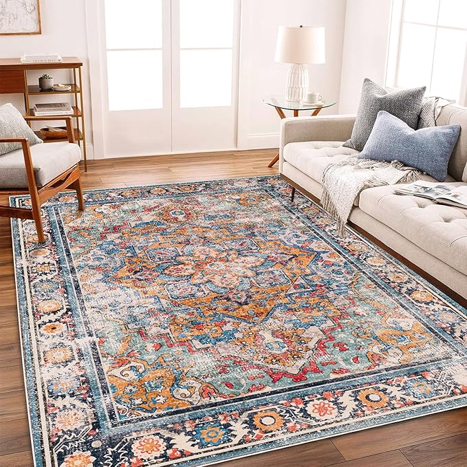Washable Area Rug 5'x7' Retro Boho Chic Medallion Distressed Design Living Room - Image 3