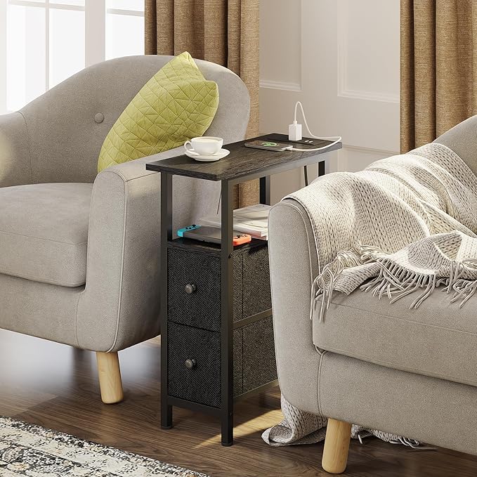 End Table Set 2 with Charging Station, Narrow Side Table with 2 Fabric Drawers - Image 2