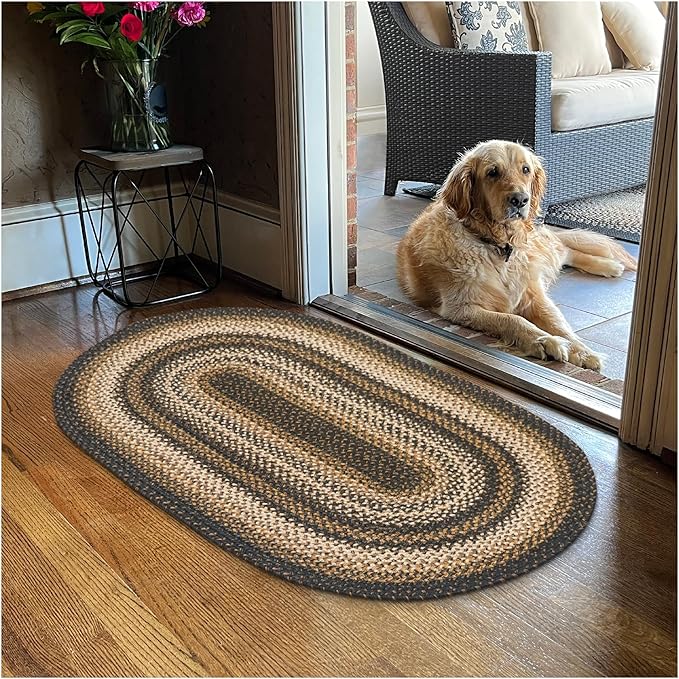 Homespice 27x45” Black Oval Braided Rug. Kilimanjaro Black Jute Oval Rug. Uses- by Homespice