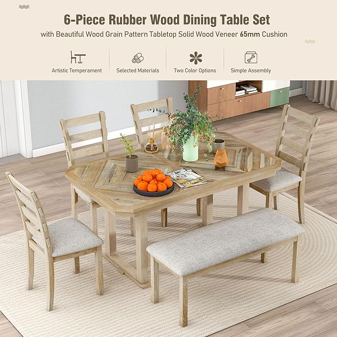 Merax 6-Piece Rubber Wood Dining Table Set - Image 6