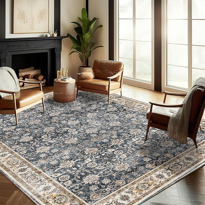 Washable Area Rug 9'x12' Retro Boho Design Non-Shedding Easy Care Ideal by CHAMPLANT