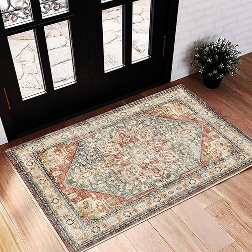 2'x3' Red Khaki Area Rug Washable Door Mat Vintage Distressed Doormat Indoor by CHAMPLANT