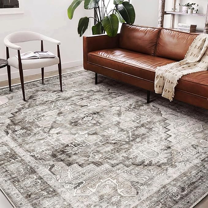 Washable Area Rug 10'x14' Deep Khaki Retro Flowers Boho Design Non-Shedding - Image 2