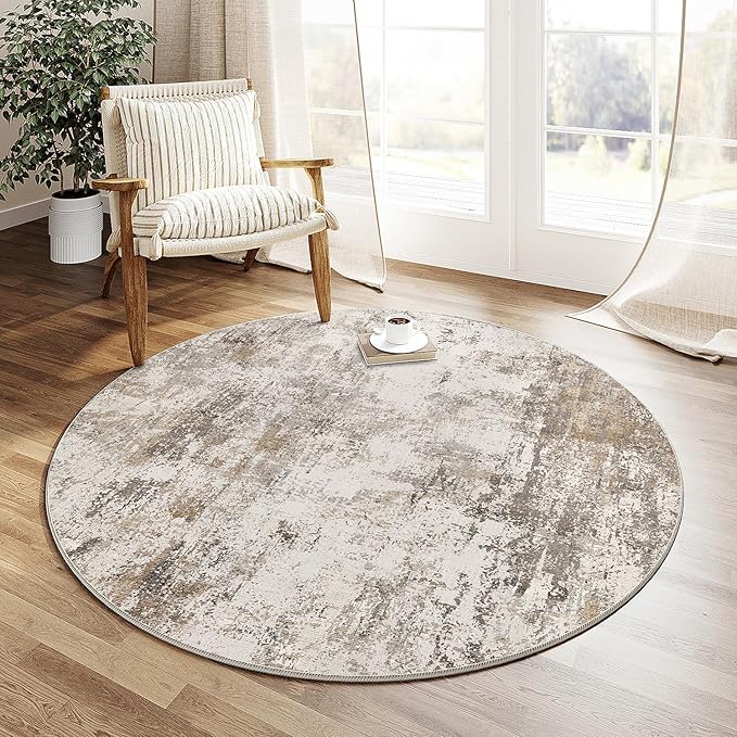 5x5 Washable Round Rug Brown Grey Neutral Abstract Living Room Bedroom Non Slip by WondRg