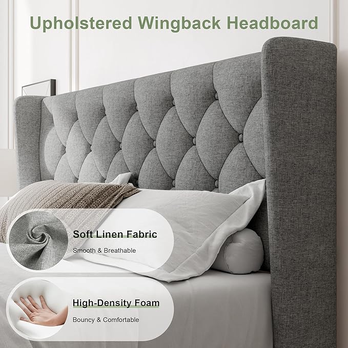 Feonase Queen Bed Frame with Upholstered Wingback Headboard, Platform Bed and - Image 3