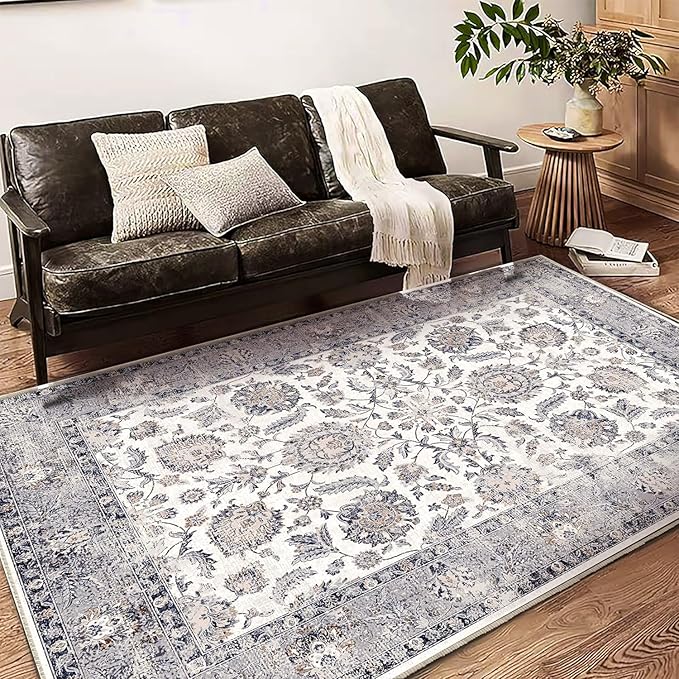 Washable Area Rug 4x6 Rugs for Living Room Retro Flowers Machine Non-Slip by CHAMPLANT