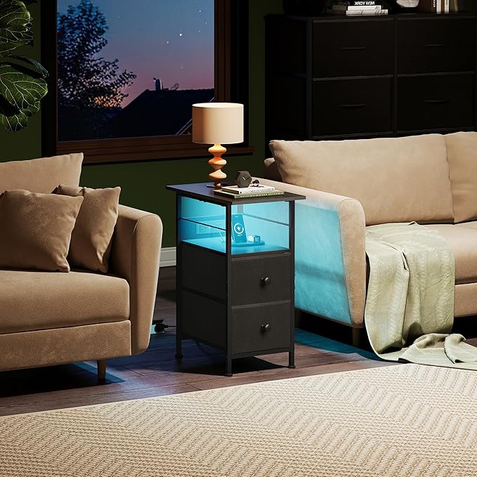 WLIVE Narrow Side Table with Charging Station, End Table with LED Light - Image 2