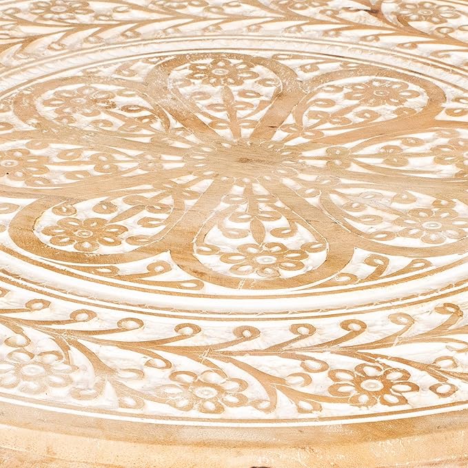 Wooden Table with 3 Legs Pillar, Carving End Tables, Round Coffee Tables - Image 9