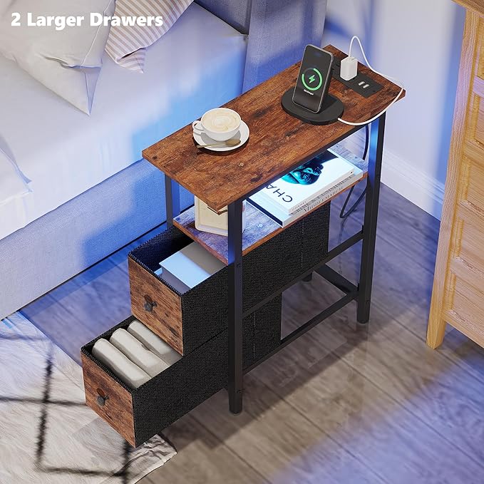End Table with Charging Station, Narrow Side Table with 2 Fabric Drawers - Image 6