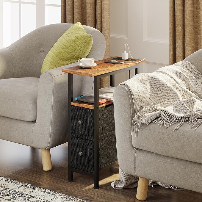 End Table Set 2 with Charging Station, Narrow Side Table with 2 Fabric Drawers - Image 2