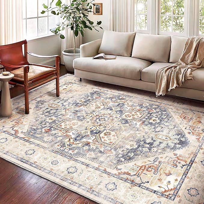 Area Rug 6'x9' Blue Khaki Washable Vintage Traditional Floor Cover Thin Retro - Image 2