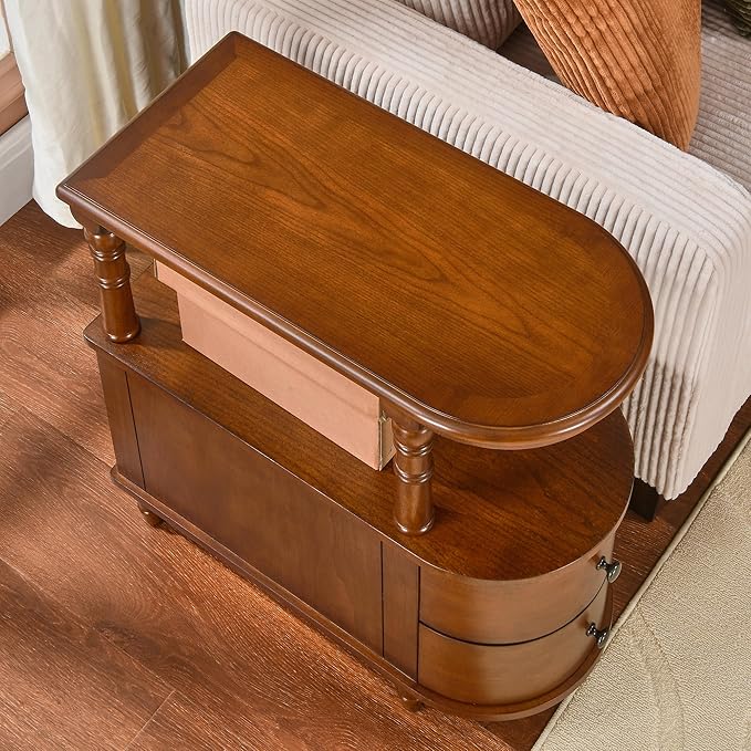 Wood End Table with 2 Drawers and Storage Shelf, Narrow Sofa Side Table - Image 9