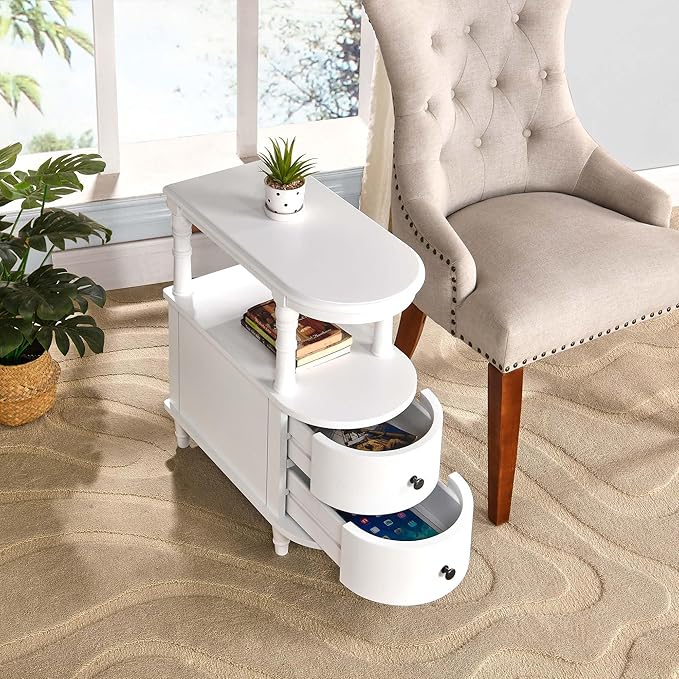 Wood End Table with 2 Drawers and Storage Shelf, Narrow Sofa Side Table - Image 4