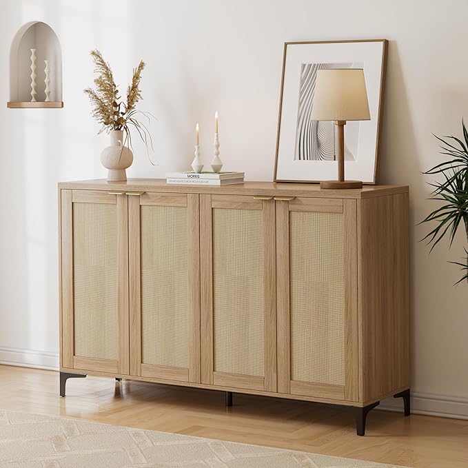 Sideboard Buffet Cabinet with Storage, 4 Doors Rattan Kitchen Cabinet with - Image 7