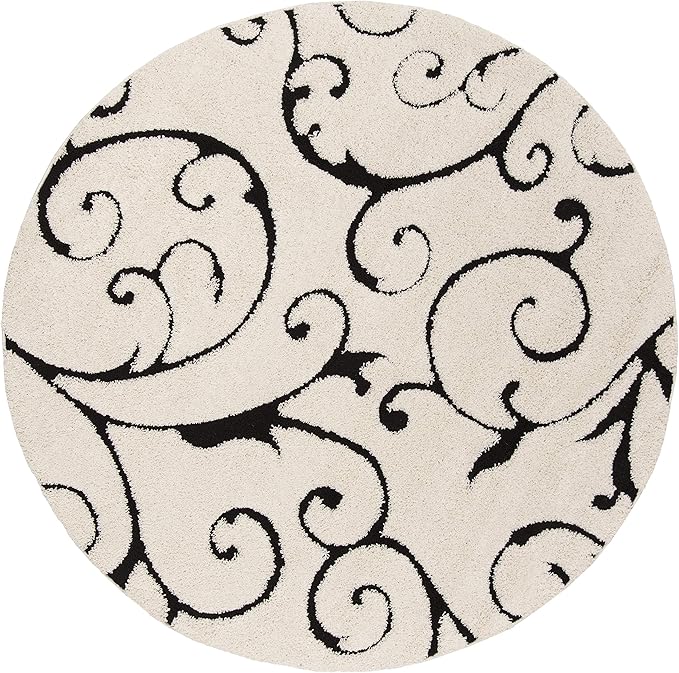 SAFAVIEH Florida Shag Collection 8' Round Ivory/Black SG455 Scrolling Vine - Image 2