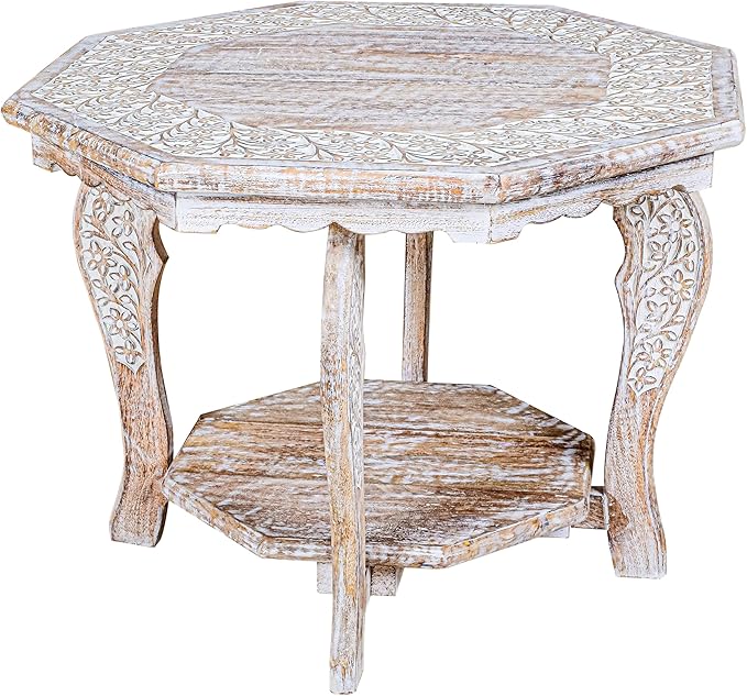 Farmhouse Carved Octagonal End Table – Rustic Accent Side Table - Image 2