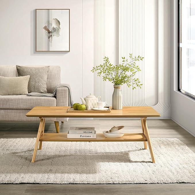 Roundhill Furniture Arona Mid-Century Modern Wood Shelf Coffee Table, Natural by RoundhillFurniture