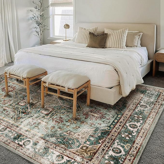 6'x9' Green Washable Area Rug Boho Chic Medallion Distressed Design - Image 3