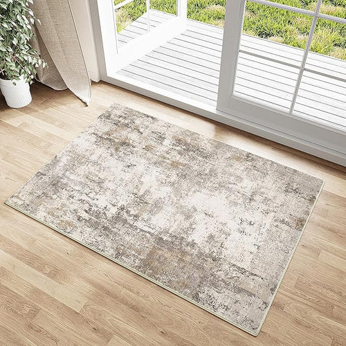 2x3 Washable Area Rug Brown Grey Neutral Abstract Entryway Kitchen Non Slip Low by WondRg