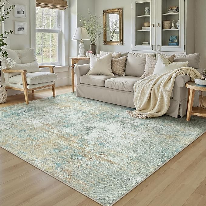 6x9 Washable Area Rug Teal Beige Modern Neutral Abstract Living Room Bedroom - Image 3
