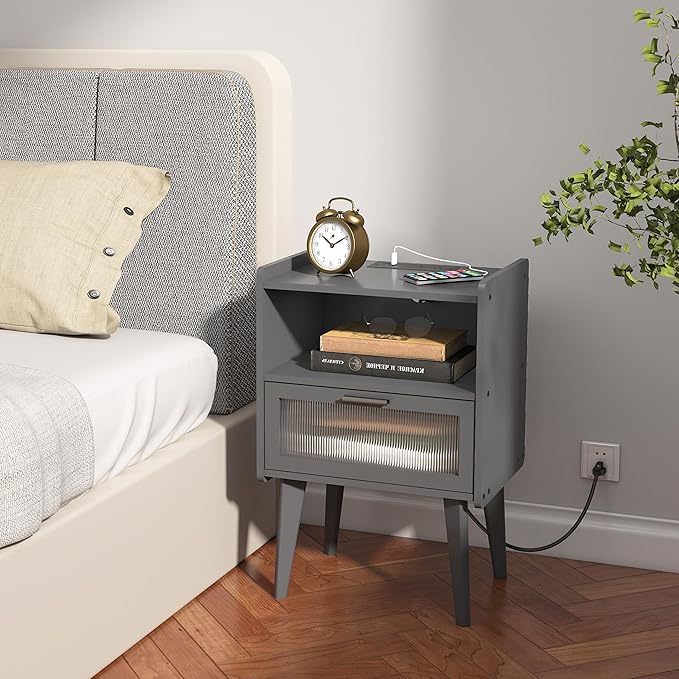 Nightstand with Charging Station, Bedside Tables Set of 2, End Table Side Table - Image 2