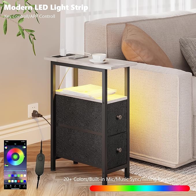 End Table with Charging Station, Narrow Side Table with 2 Fabric Drawers - Image 4