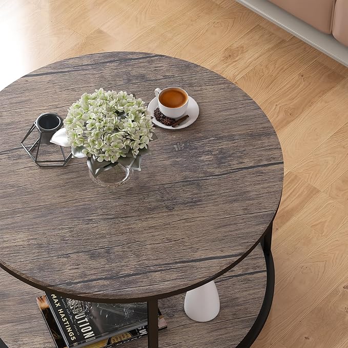 Round Coffee Table, Rustic Wooden Surface Top & Sturdy Metal Legs Industrial - Image 6