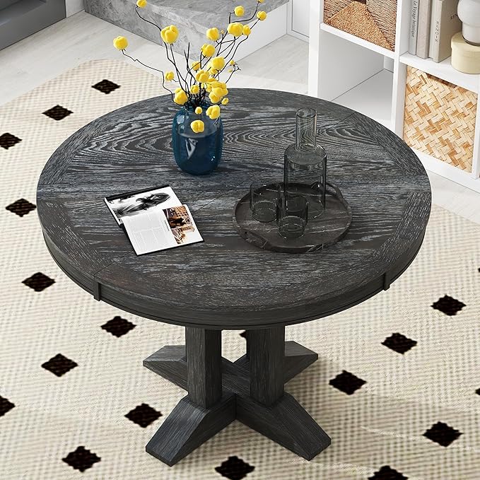 Need Extendable Farmhouse Round Dining Table, 48-60 Inch Pedestal Base Kitchen - Image 3