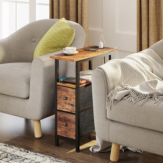 End Table Set 2 with Charging Station, Narrow Side Table with 2 Fabric Drawers - Image 2