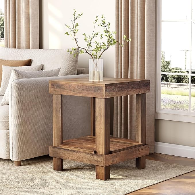 LITTLE TREE 2-Tier End Table, All Wooden Square Side Table - Image 2