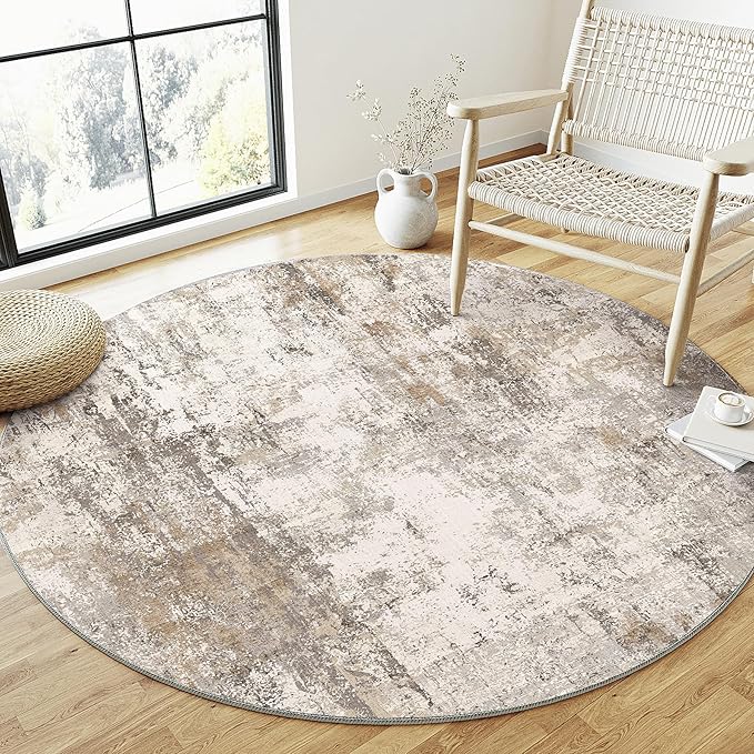 6x6 Washable Round Rug Brown Grey Neutral Abstract Living Room Bedroom Area Rug - Image 3