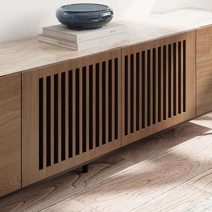 POVISON Fully-Assembled Mid Century Modern Sintered Stone TV Stand, Slatted - Image 7